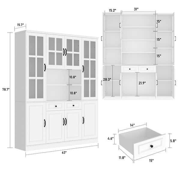 dimension image slide 2 of 9, White Buffet Sideboard & Curio Bookcase Cabinet with Glass Doors