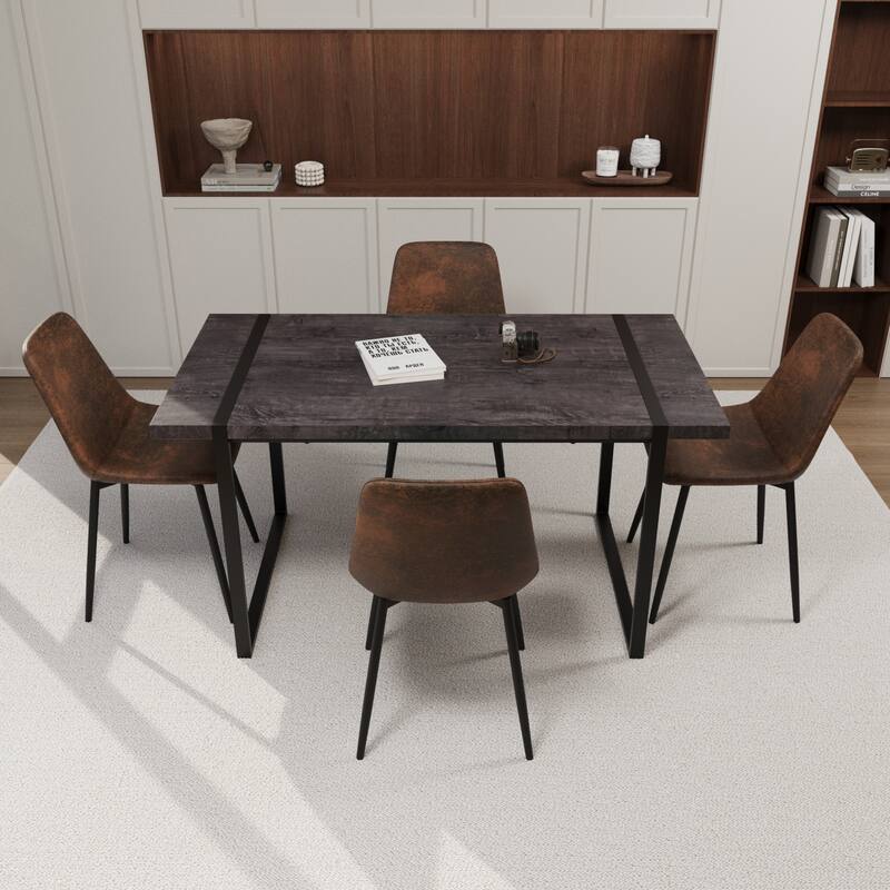 Modern Style 5-Piece Dining Set with Rectangular Metal Base Table and 4 Square Corner Suede Dining Chairs