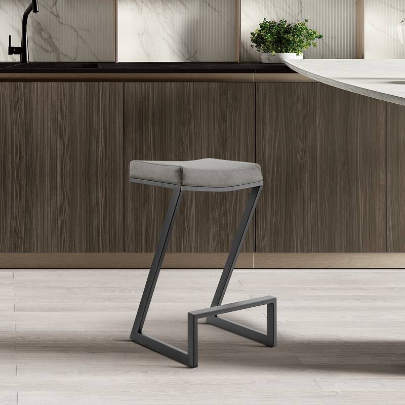 Armen Living Atlantis 30-inch Backless Bar Stool in Metal and Faux Leather - Gray & Black