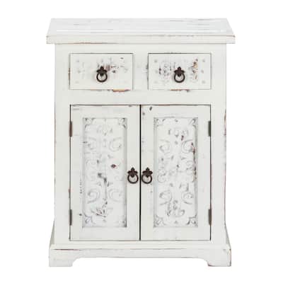 LuxuryLivingFurniture Solid Wood Loft Carved 2-Drawer 2-Door Cabinet, White Distressed