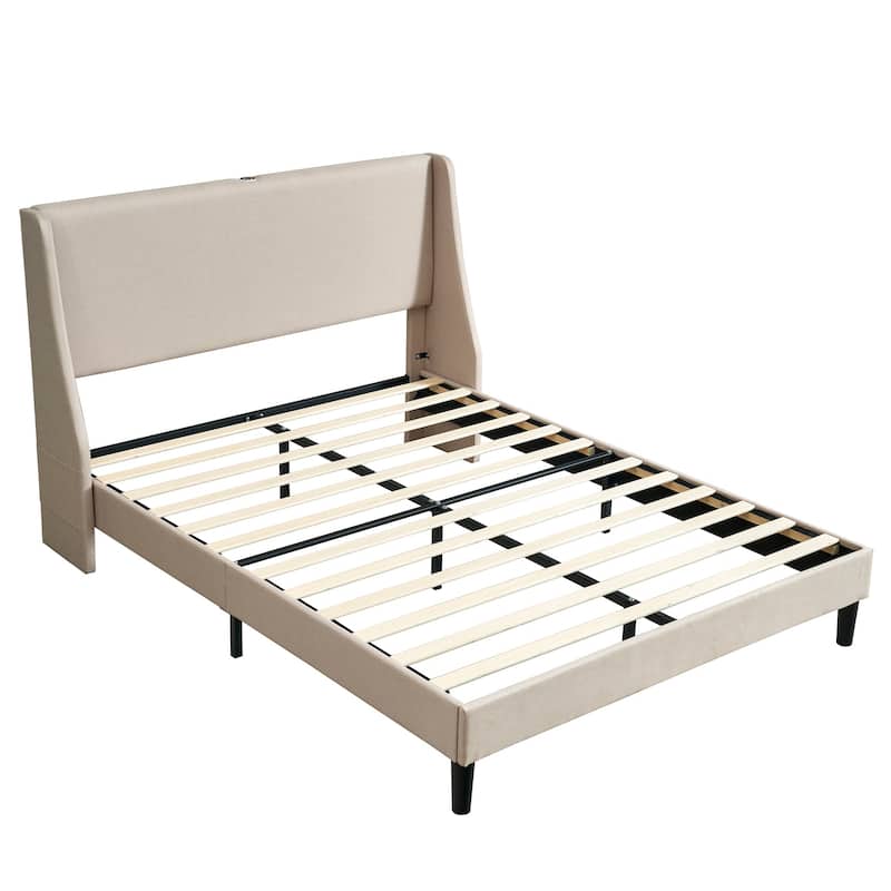 VECELO Bed Frame with Upholstered Wingback Headboard,Platform Bedframe with Charging Station & Side Pockets
