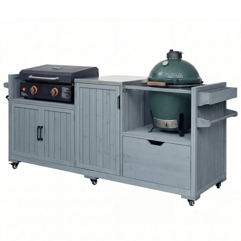 Solid Wood 80.5" Outdoor Kitchen Island for Big Green Egg& Blackstone Griddle, Grill Cart Table with Stainless Steel Top