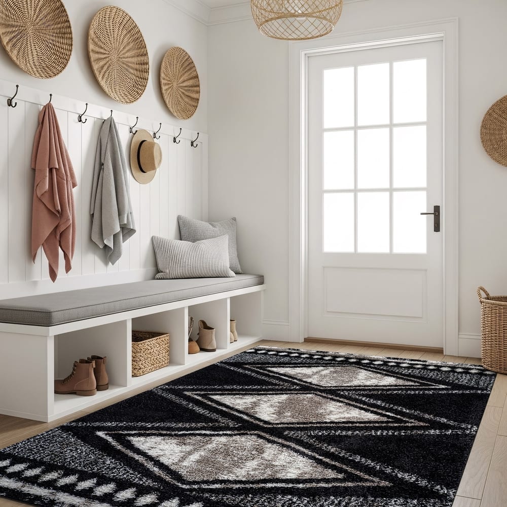 World Rug Gallery Geometric Grid Shag Area Rug – Dark Gray