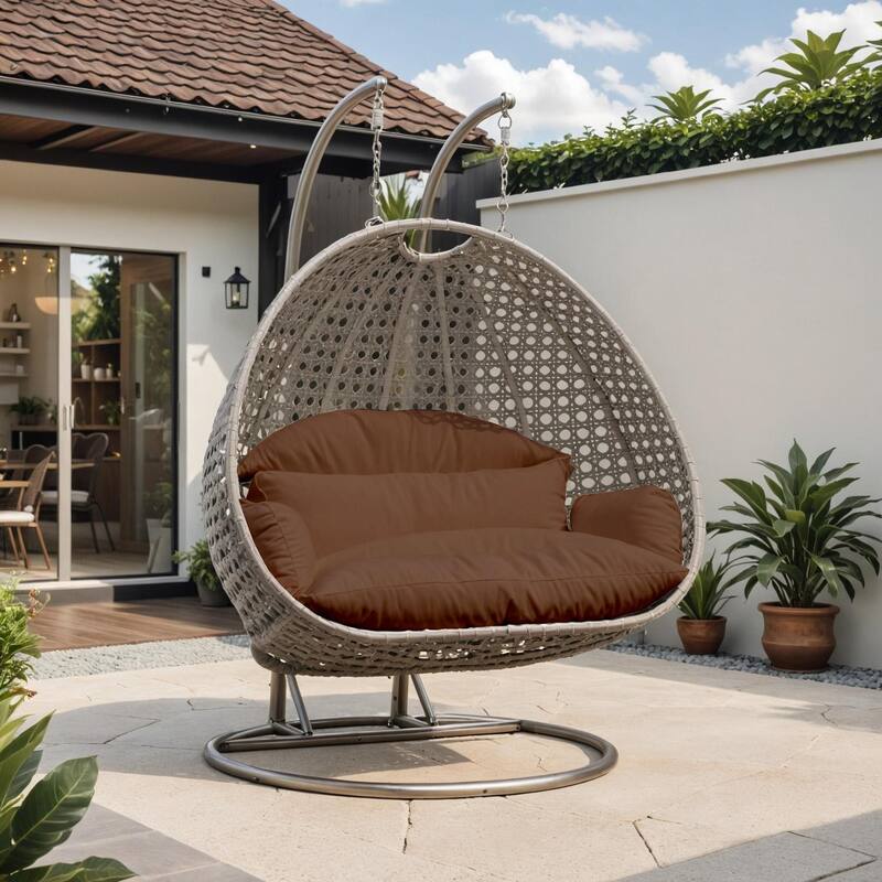 LeisureMod Modern 2-Person Egg Hanging Swing Chair with Beige Wicker, Oxford Fabric Cover, Patio Hammock Lounger and Cushions