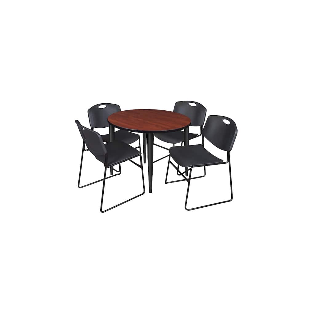 36 in. Round Breakroom Table- Cherry Top, Black Base & 4 Stack Chairs- Black