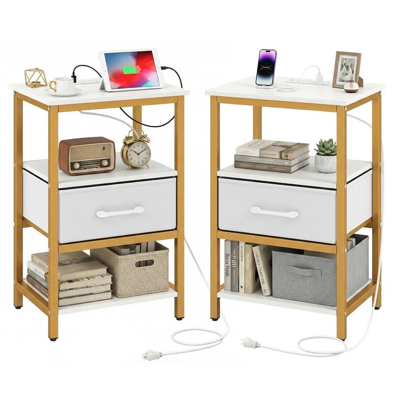 Gymax Nightstand w/Charging Station Set of 2 w/Fabric Drawer & Open - Golden & White - 1-drawer