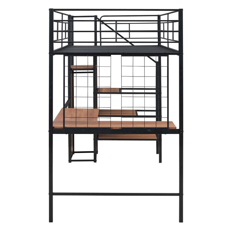 Twin/Full Size Metal Loft Bed with Lateral Storage Ladder, Desk, Wardrobe, and Metal Grid, Modern Style - Black/White