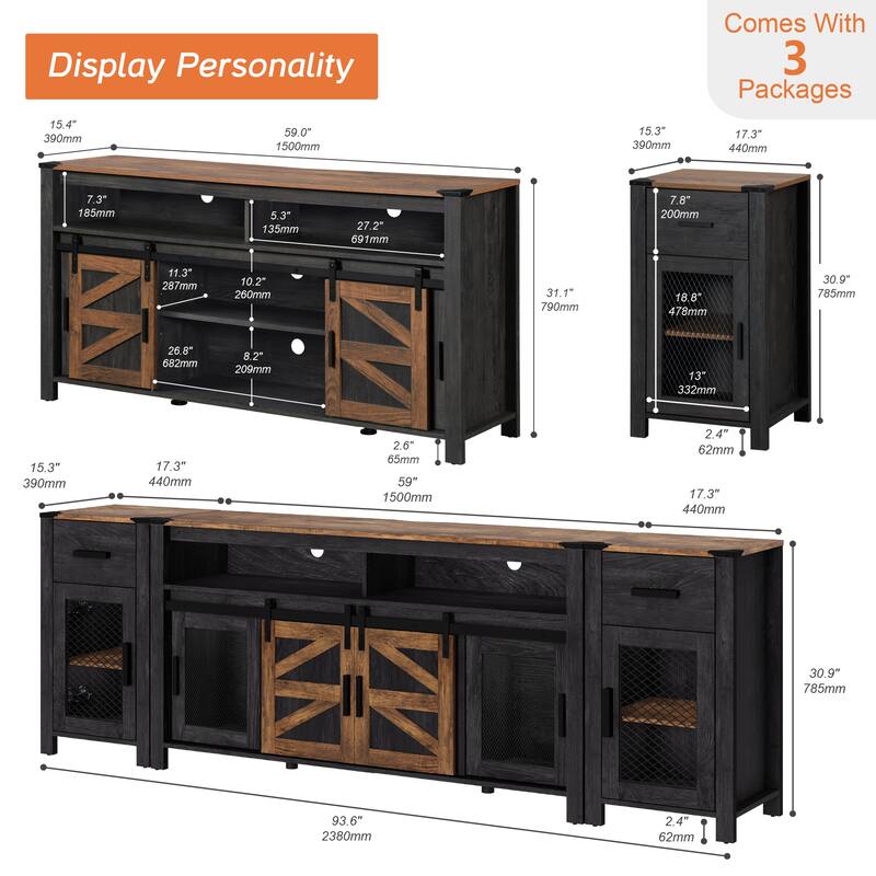 WAMPAT Drawer TV Stand set for ups to 85 inch TV with Sliding Barn Door - 1 Pack