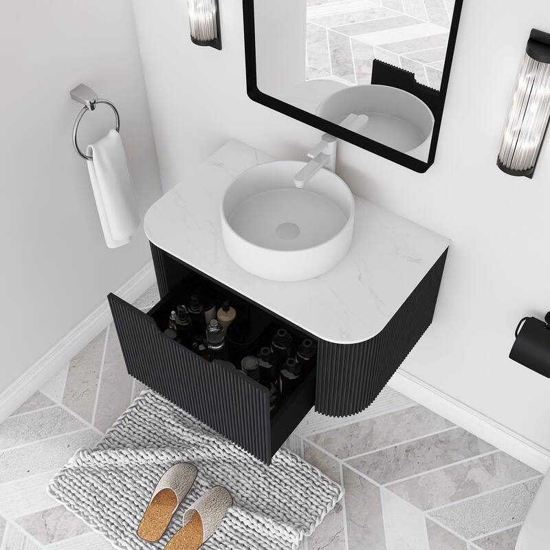 Plywood Wall-Mounted Bathroom Vanity Set with Integrated Ceramic Sink in Natural Wood