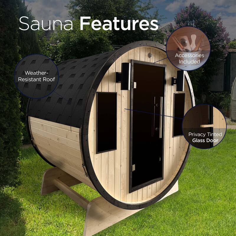 ALEKO Celasia Outdoor 4 Person Pine Wood Dry Wet Barrel Sauna with Heater and Roof