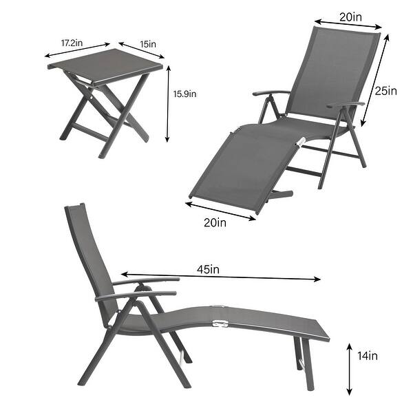 dimension image slide 5 of 7, Outdoor Aluminum Folding Adjustable Chaise Lounge Chair and Table Set
