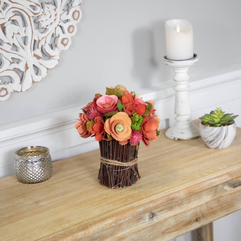 Artificial Mixed Floral Wooden Spring Bouquet - 9" - Red and Pink