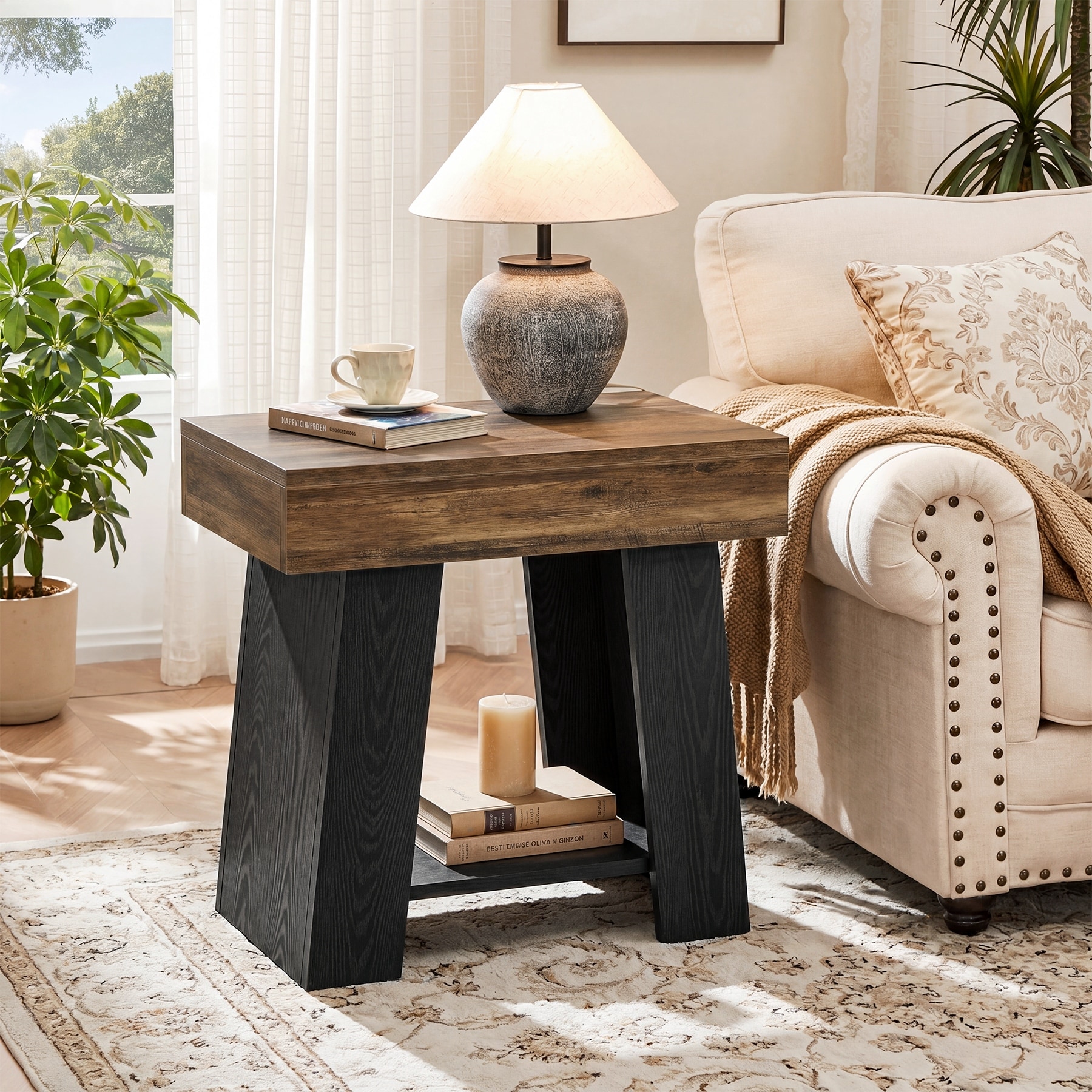 2-Tier End Table, Two-Tone Couch Side Table with Shelf, Bedside Nightstand for Living Room, Bedroom