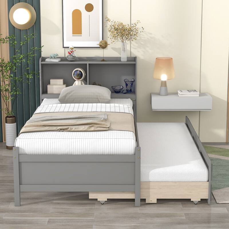 Twin Size Platform Bed Wood Frame Bed with Storage Headboard and Twin Trundle Bed, 2 Storage Drawers Design for Kids Teens