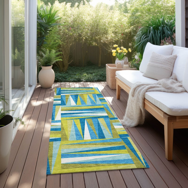 Machine Washable Indoor/ Outdoor Contemporary Mosaic Chantille Rug - Teal - 2'3" x 7'6"