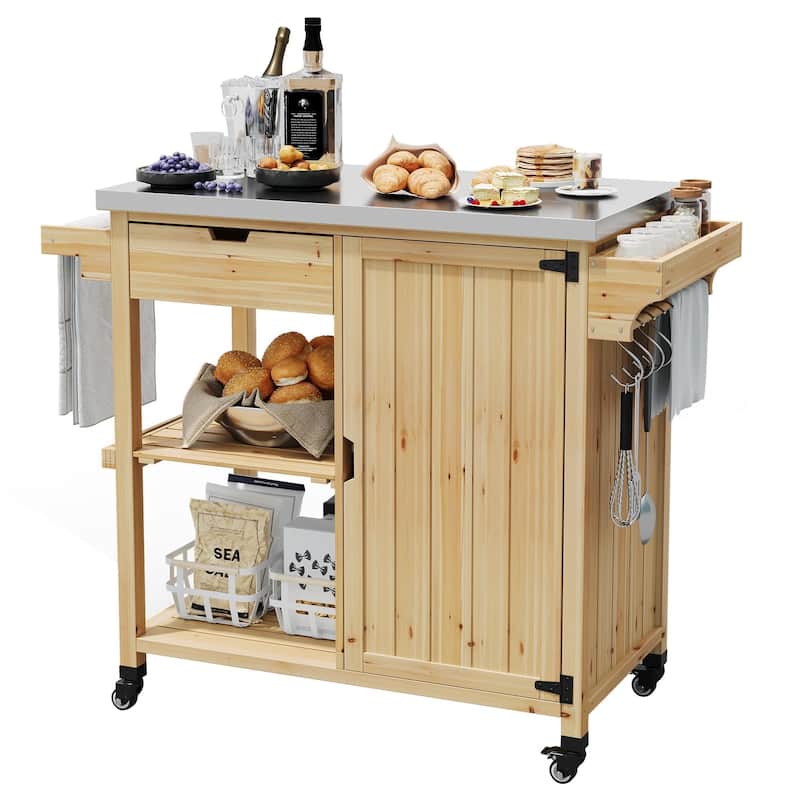 Outdoor Grill Cart with Storage Cabinet and Stainless Steel Worktop - Solid Wood