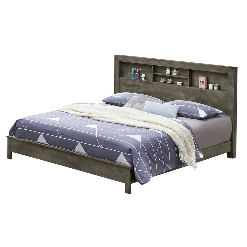 King Platform Bed with Storage Shelves - 87" - Gray