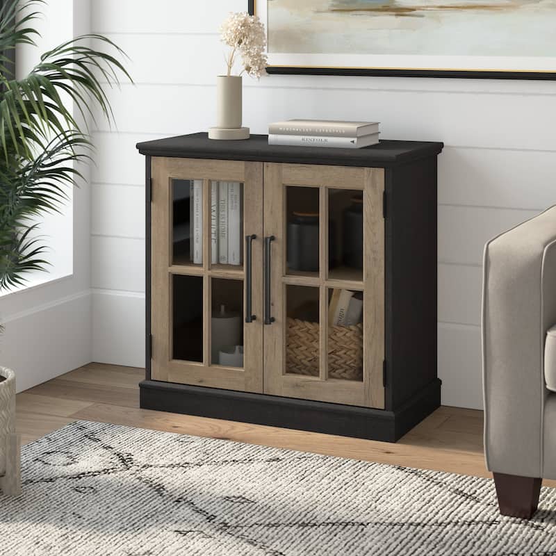 Westbrook 32W Storage Cabinet with Glass Doors by Bush Furniture - Vintage Black/Restored Tan Hickory