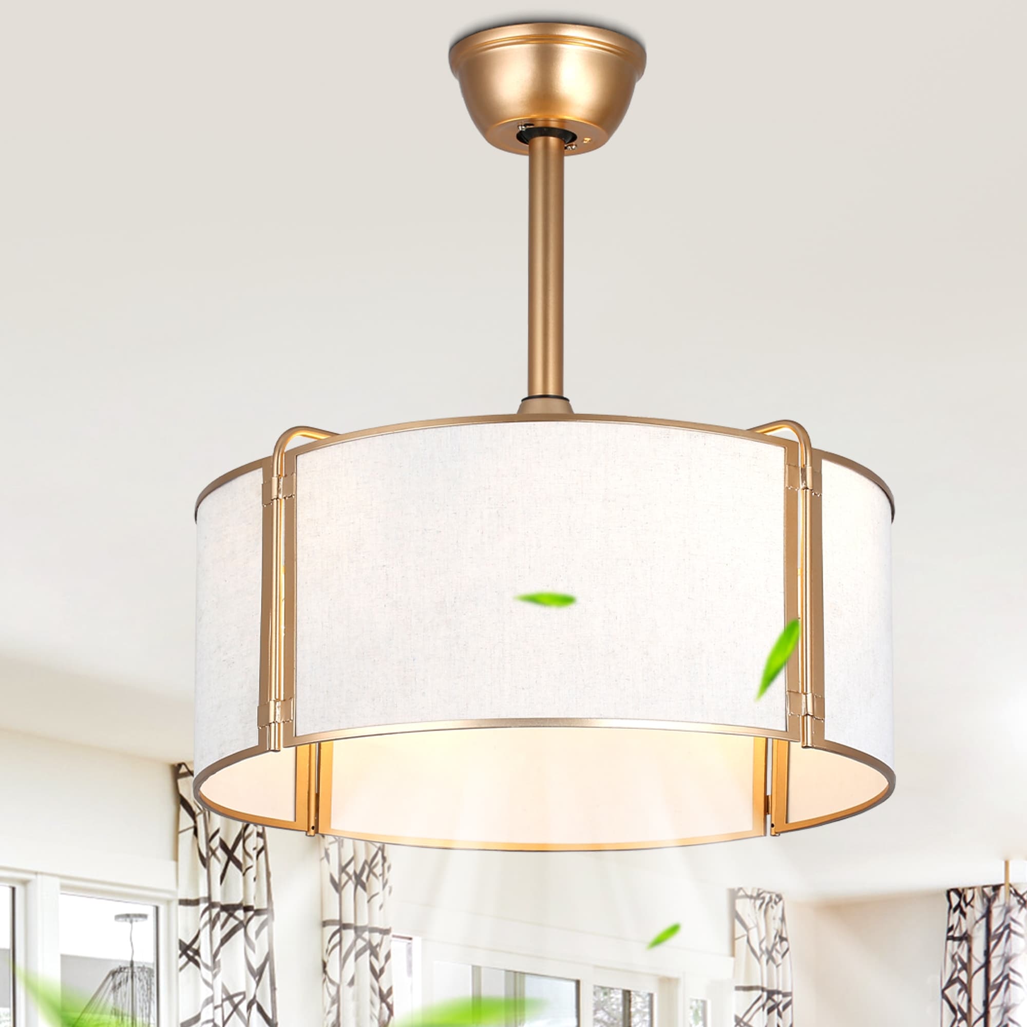 Cusp Barn 20" Modern Fabric Caged Ceiling Fan Chandelier with Light and Remote, 4-Light, 6 Speeds, Reversible DC Motor