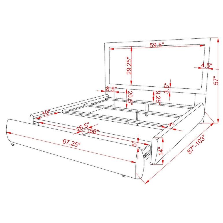 Queen Size Upholstered Bed Frame with Hidden Storage and High Padded Headboard in Pewter
