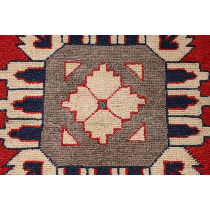 Geometric Red Kazak Oriental Accent Rug Hand-Knotted Wool Carpet - 3'5" x 4'11"