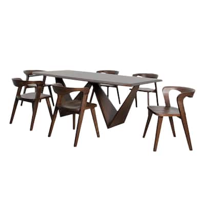 Rumy 7pc Extendable Dining Table Set, 6 Chairs, Diamond Edge, Brown