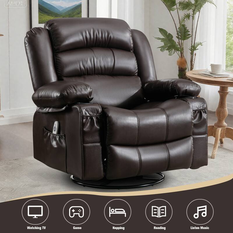 Recliner Chair with Massage & Heat, PU Leather Swivel Recliner, Electric Recliner with Side Pocket 2 Cup Holders & USB Port
