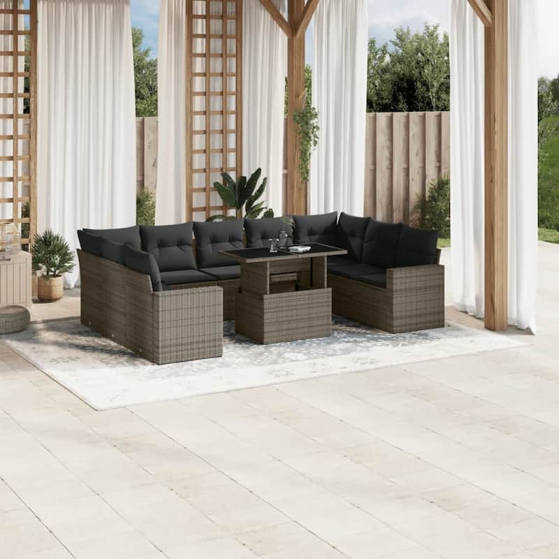 vidaXL Patio Sofa Set with Cushions Outdoor Furniture 10 Piece Poly Rattan - Grey-without storage - 21.7 x 39.4 x 28.7