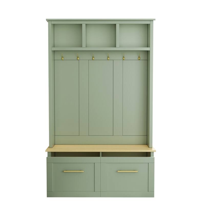 4-in-1 Hall Tree with 6 Golden Hooks Wooden Bench 2 Drawers for Entryway