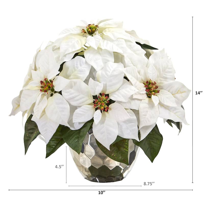 14" Poinsettia Artificial Arrangement in Designer Silver Bowl - 14