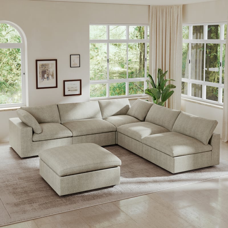 Commix Down Filled Corner Sectional Sofa 5-seats Couch with Ottoman - Khaki