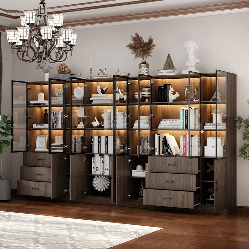 LED-Lit Wood Grain Cabinet - Configurable Storage for Home or Office