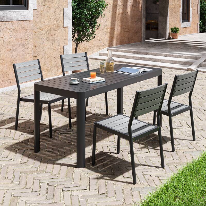 Pellebant Outdoor 5/7-Piece Patio Dining Furniture Set - N/A - Black Table & Grey Chair - Set of 5