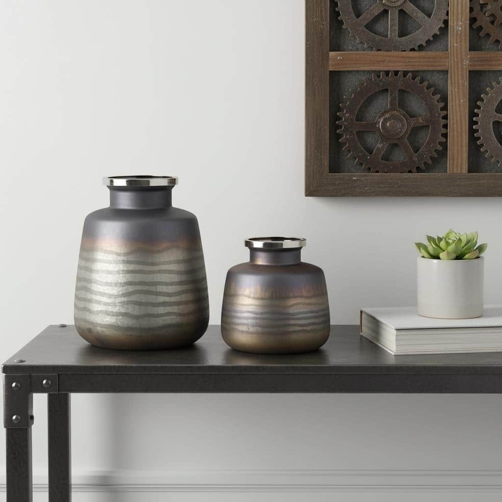 Set of Two Black And Gray Abstract Glass Round Table Vases - 22.50