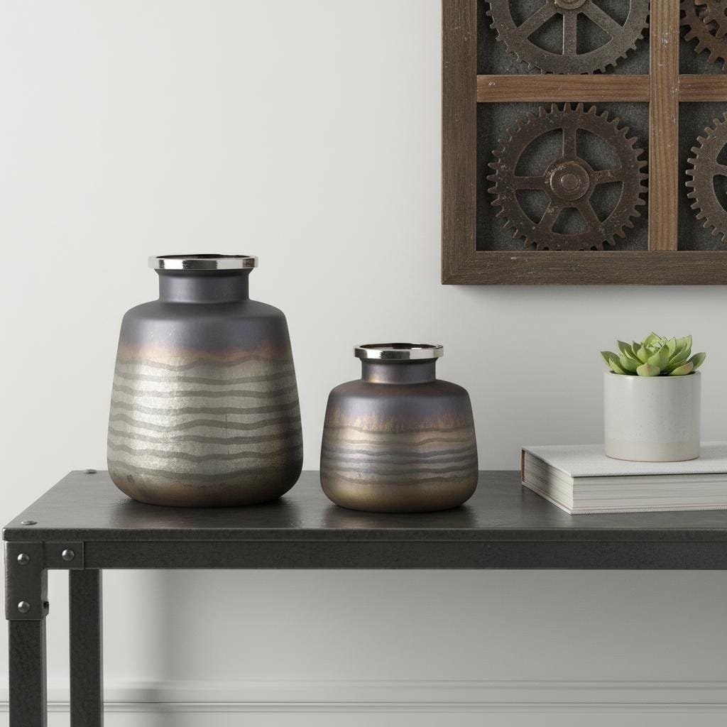 Set of Two Black And Gray Abstract Glass Round Table Vases - 22.50