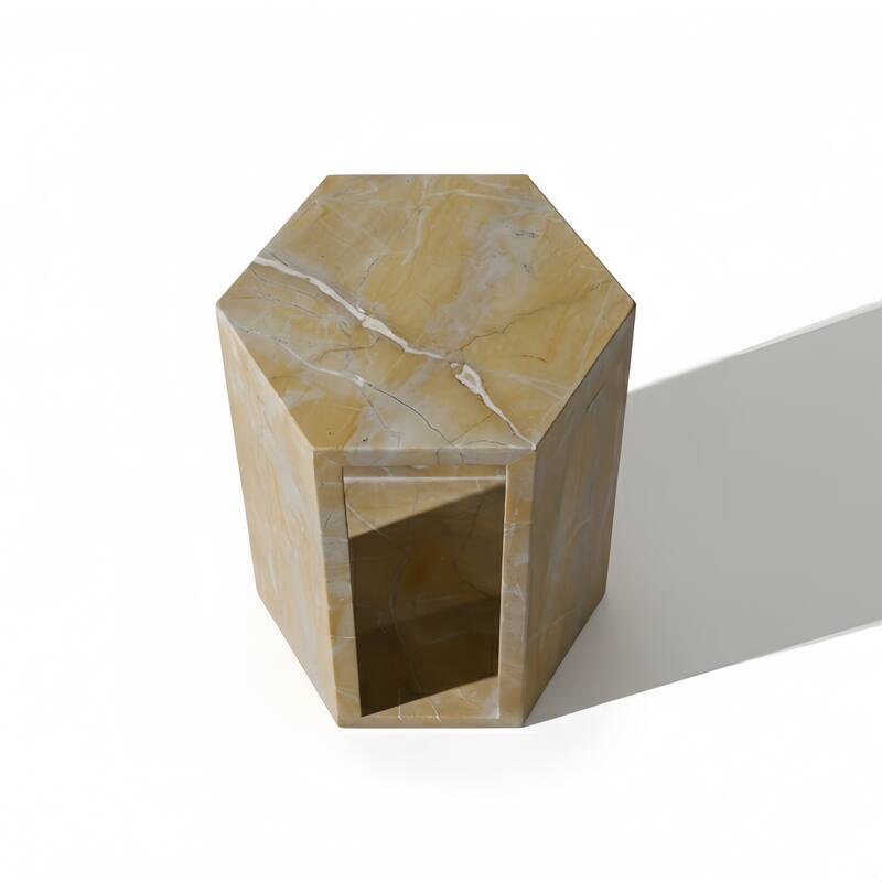 Roomfitters Luxury Natural Marble Hexagon Side Table, Solid Stone Geometric Pedestal End Table, Polished Finish