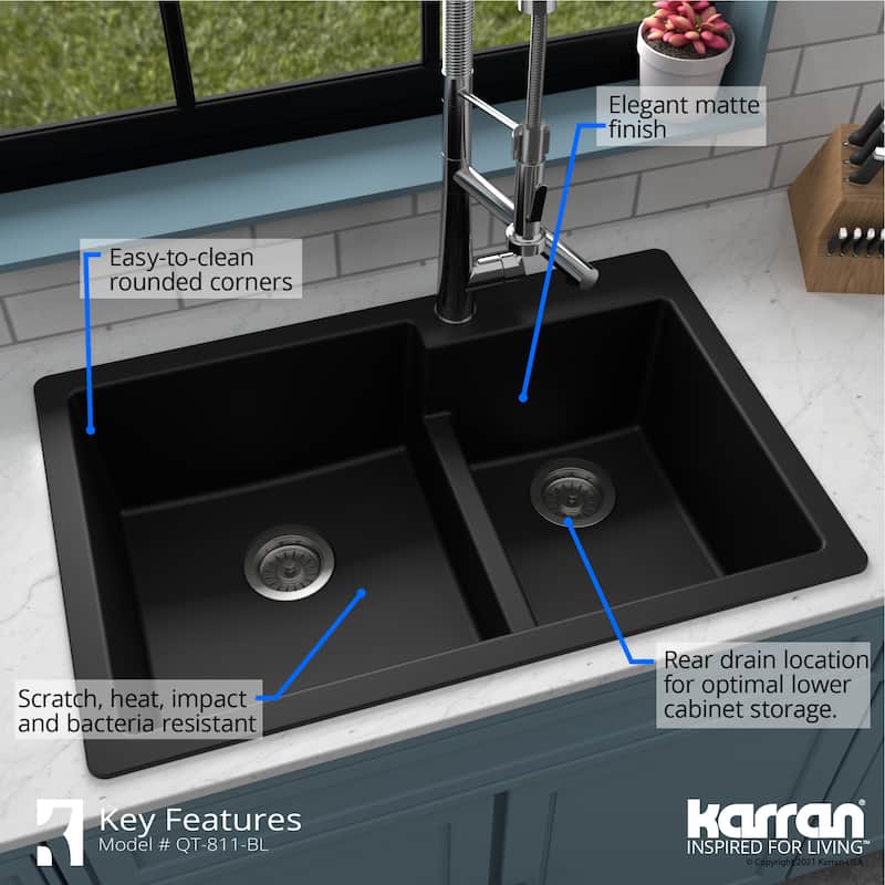 Karran 33" Top Mount Large/Small Bowl Quartz Kitchen Sink Kit - 33" x 22" x 9"