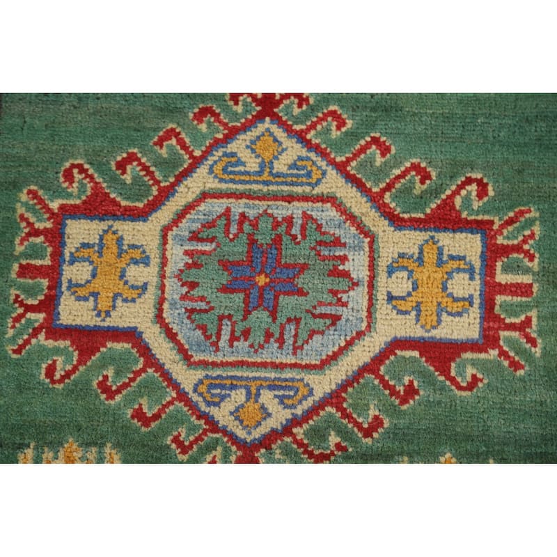 Green Kazak Runner Rug Hand-Knotted Geometric Wool Carpet - 2'7" x 16'2"
