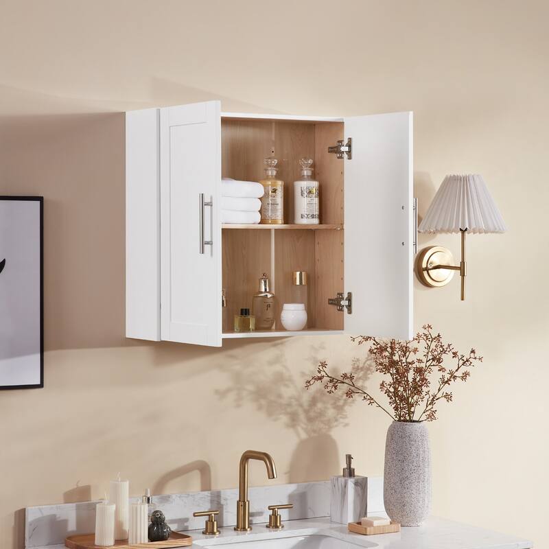 Wall Mounted Bathroom Cabinet with Adjustable Interior Shelf, Wooden Medicine Storage Cabinet - White