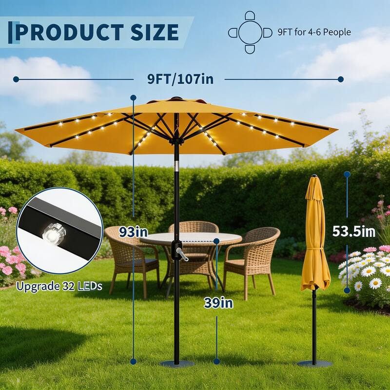 9 ft Patio Umbrella, 8 Sturdy Ribs, with Lights