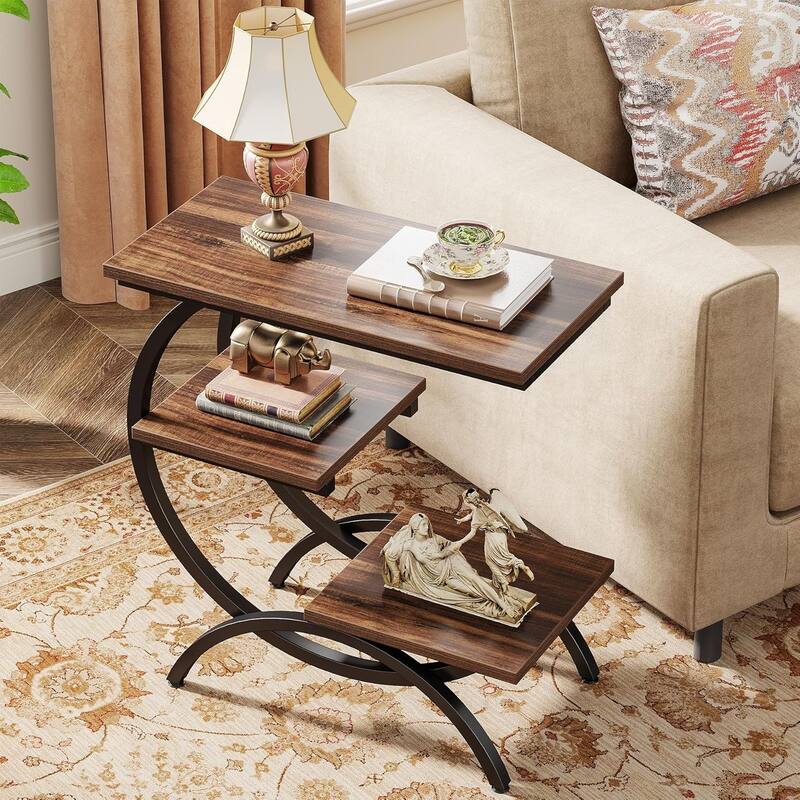 23.62 Inches Brown Wood C-Shaped End Table, 3-Tier Industrial Couch Side Table for Living Room