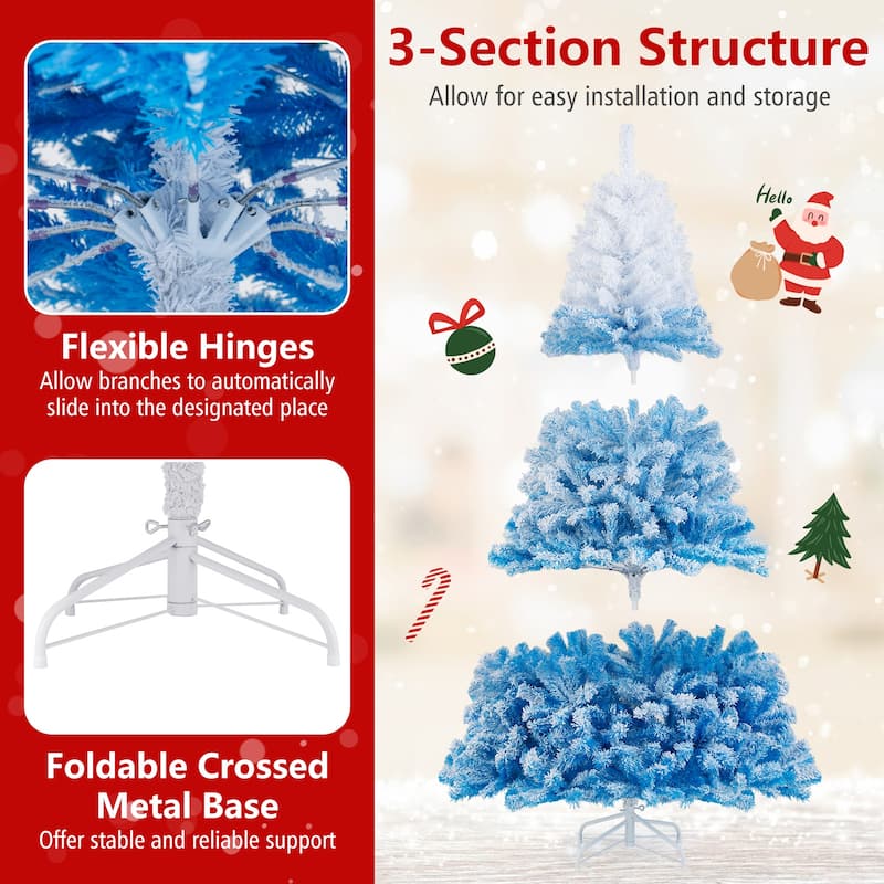 5/6/7/8 FT Pre-Lit Snow Flocked Christmas Tree Artificial Hinged Tree - Blue+White
