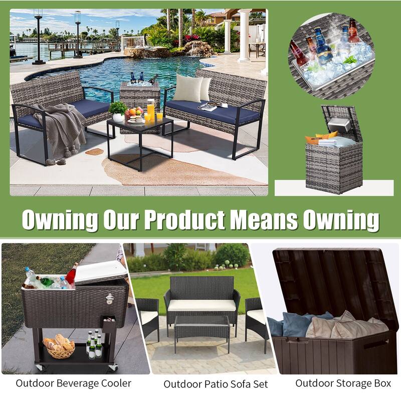 4-Piece Wicker Outdoor Sofa Set, 2 Loveseats, 1 Table, 1 Ice Bucket