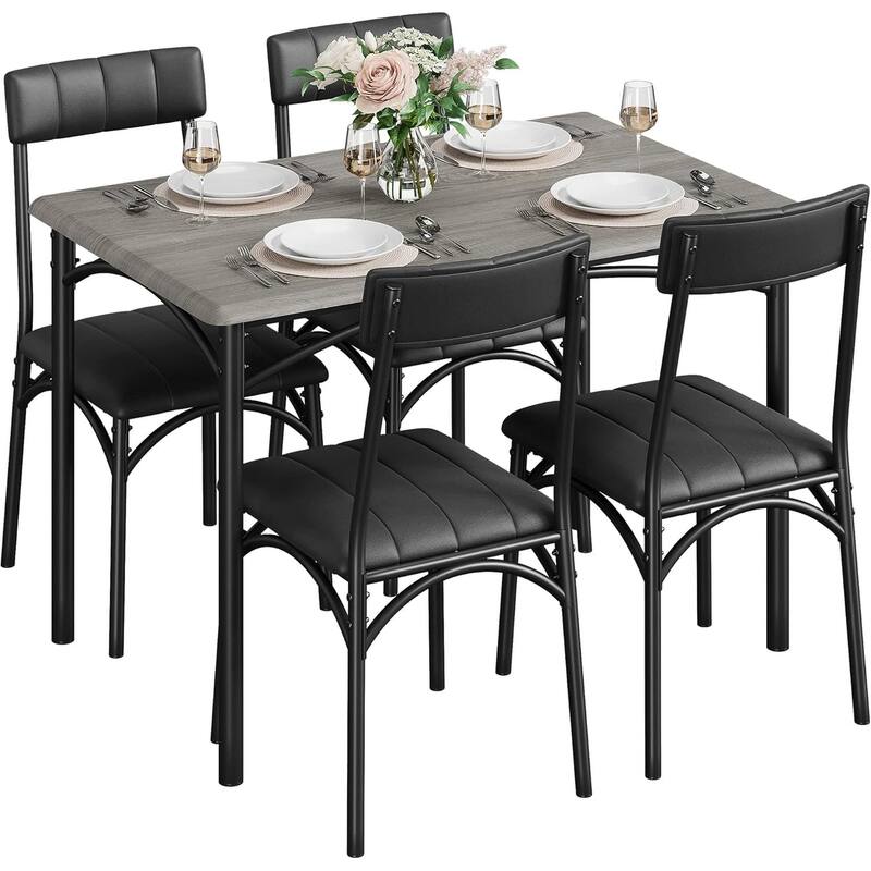 5-Piece Dining Table Set with 4 Upholstered Chairs, Metal and Wood Table for Kitchen or Apartment