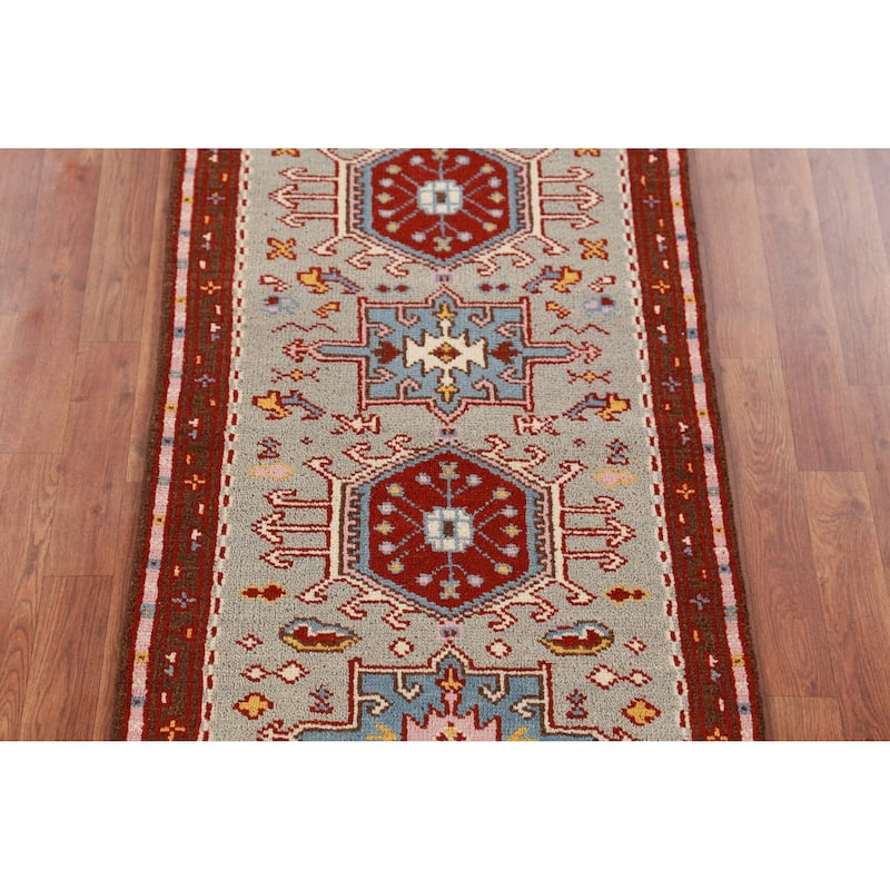 Hand Knotted Oriental 100% Wool Carpet Transitional Geometric Green Khotan Runner Rug - 9' 8'' X 2' 6''