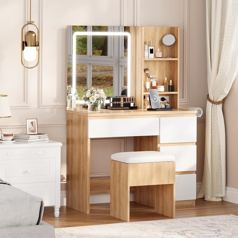 Vanity Desk with Mirror and Lights,Makeup Dressing Table with Outlets and 4 Drawers