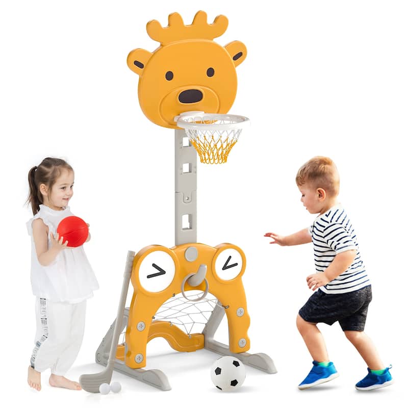 Yellow HDPE Kids Basketball Hoop with Adjustable Rim, Soccer and Golf Set - 21.5" L x 20.5" W x 44.5"-59" H