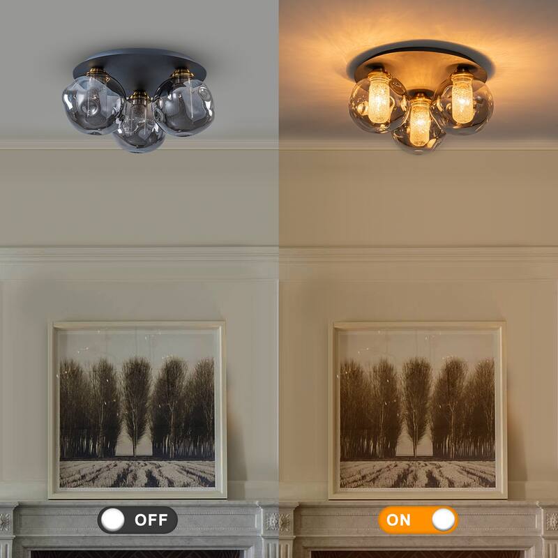 3 Lights Black Flush Mount Ceiling Light with Smoked Glass Shades - Dia.15.74-in