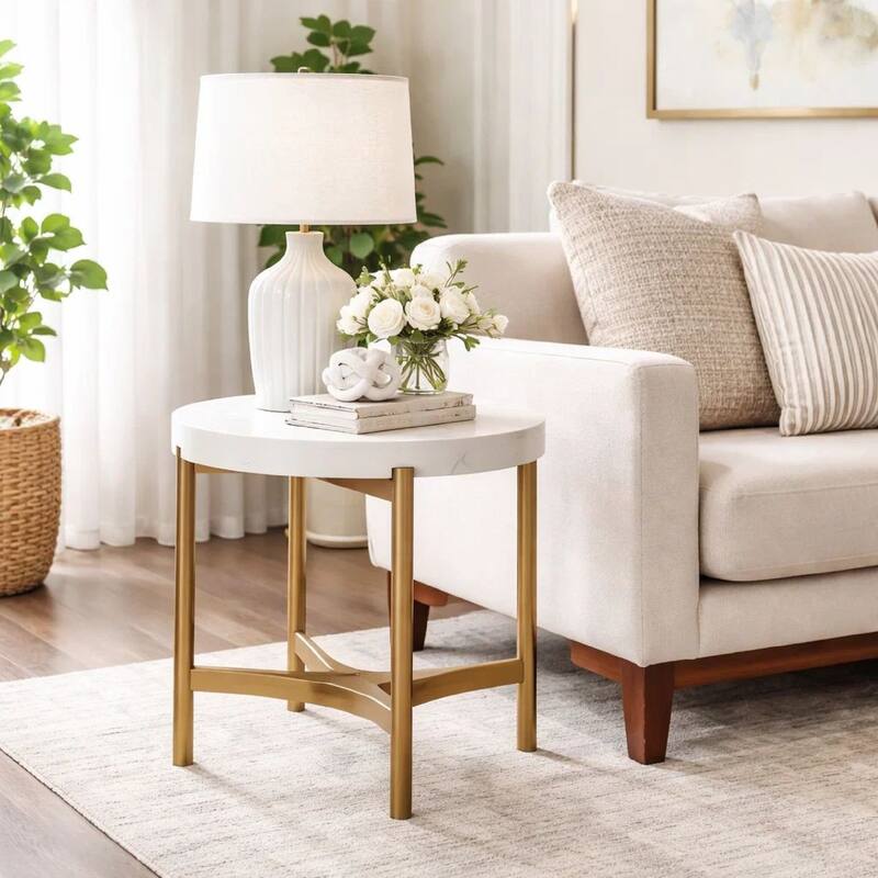 Leyu 23 Inch Round Side End Table, White Concrete Top, Bronze Tripod Base