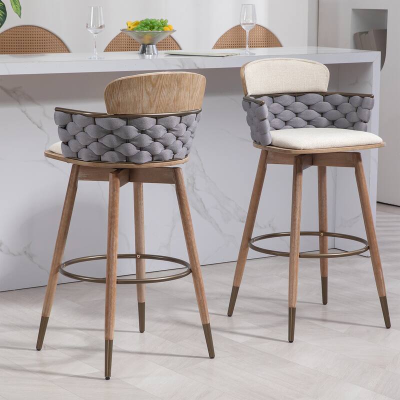 Bechor Beige and Gray Linen Fabric Bar Stool with Natural Wood Legs
